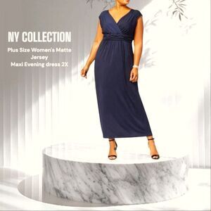 NY COLLECTION Plus Size Ruched Sleeveless Empire Navy Blue Maxi Dress 2X